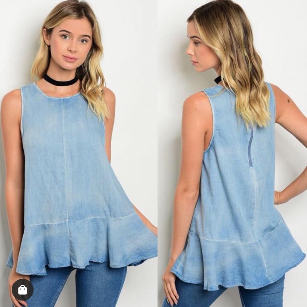 Denim Ruffle Hem Tank Top Zip Back - Picture 2 of 8